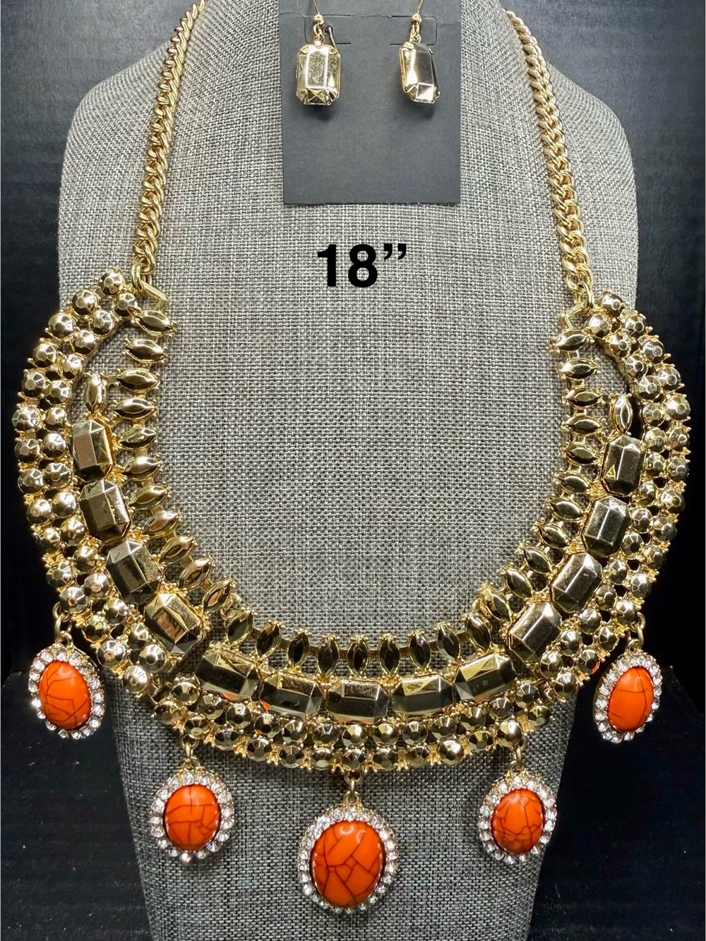 Gold-Tone Statement Necklace with Orange Cabochon Drops - Women Jewelry